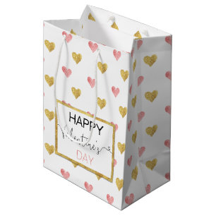 Sac Cadeau Moyen Valentine's Day Gold Coeurs Rose Moyen Cadeau