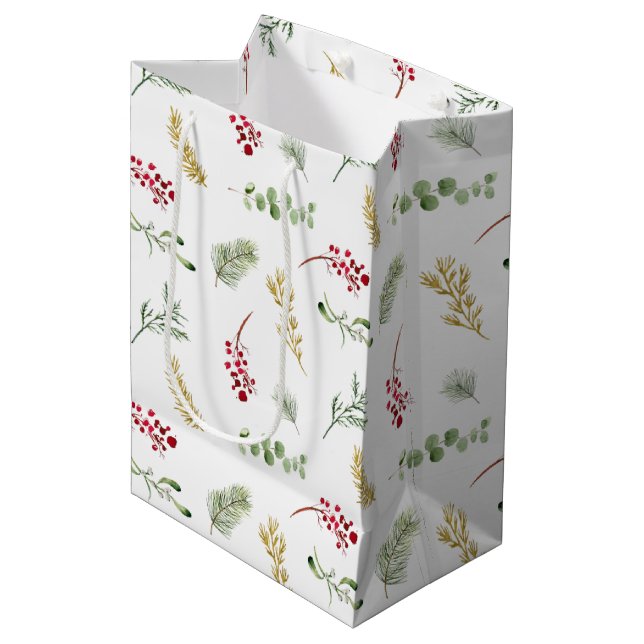 Sac Cadeau Moyen Végétation hiver or simple Aquarelle Noël (Devant Angle)