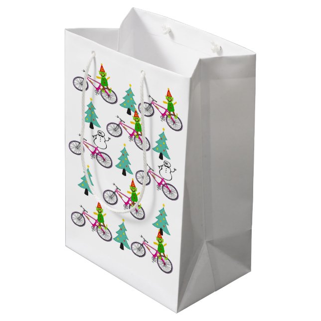 Sac Cadeau Moyen Vélos Noël Arbres Snowman Draps (Dos Angle)