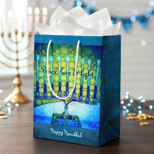 Sac Cadeau Moyen Vert bleu Hanoukka Menorah Paix Amour Lumière