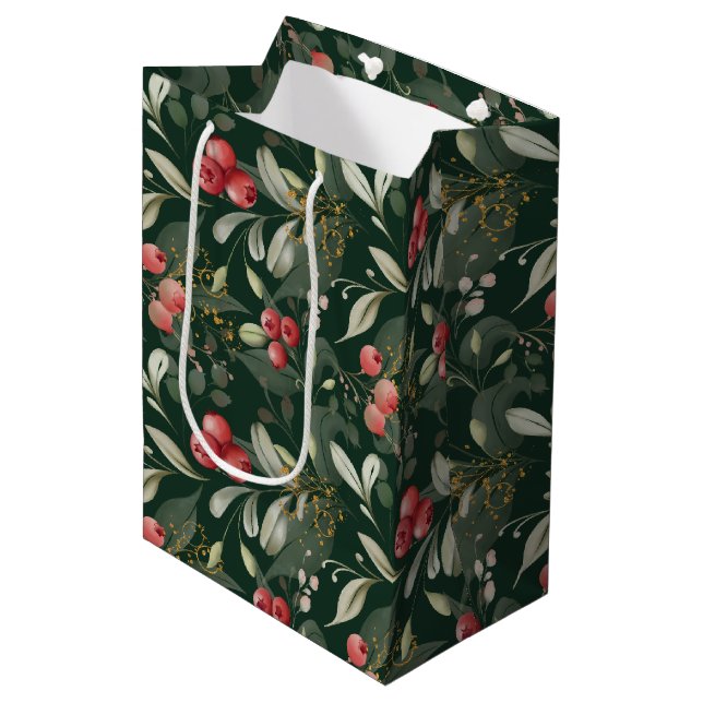 Sac Cadeau Moyen Vert foncé Élégante verdure Noël botanique (Devant Angle)