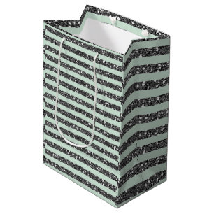 Sac Cadeau Moyen Vert menthe et paillettes argentées Fête rayée