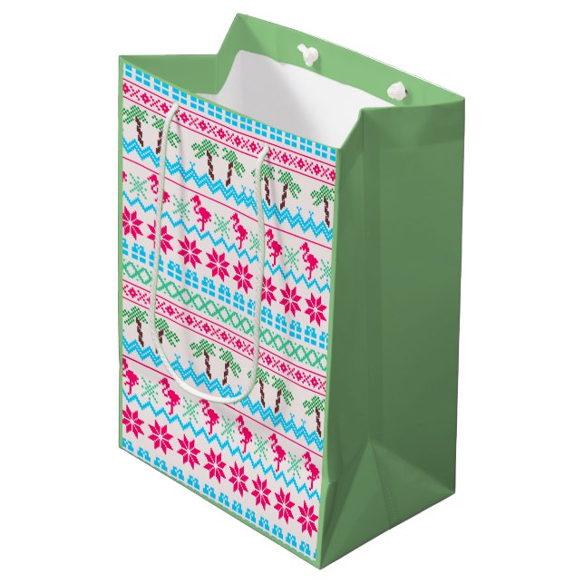 Sac Cadeau Moyen Vilain pull de Noël Flamant rose Tropical (Devant Angle)