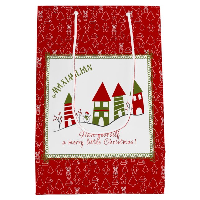 Sac Cadeau Moyen Village vert&rouge dans la neige à Noël (Dos)