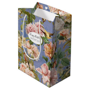 Sac Cadeau Moyen Vintage Floral Oiseaux Bleu Anniversaire Cottageco