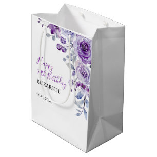 Sac Cadeau Moyen Violet Rose verdure Floral Anniversaire