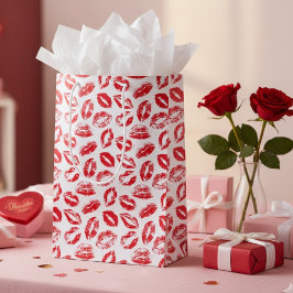 Sac Cadeau Moyen Watercolor Red White Lips Pattern Valentine's Day