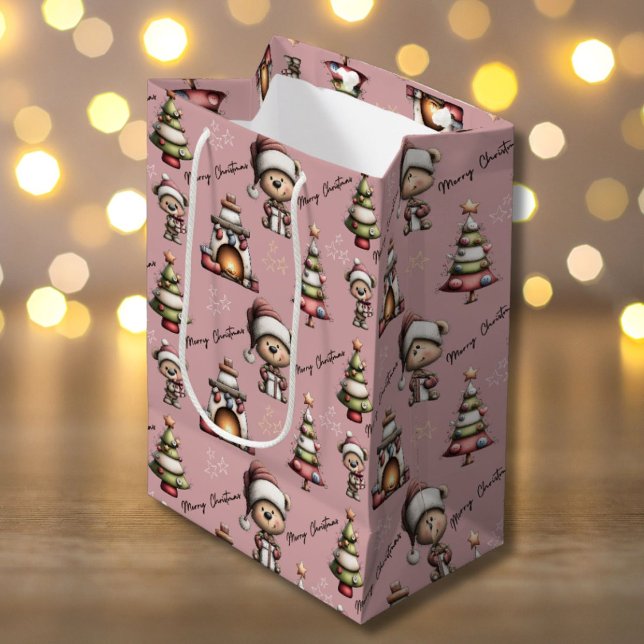 Sac Cadeau Moyen Whimsical Teddy Bear Christmas Pink Background (Créateur téléchargé)