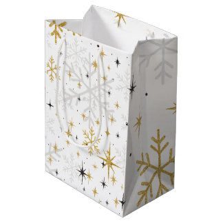 Sac Cadeau Moyen White & Gold Snowflake Sparkle Gift Bag – Elegant 