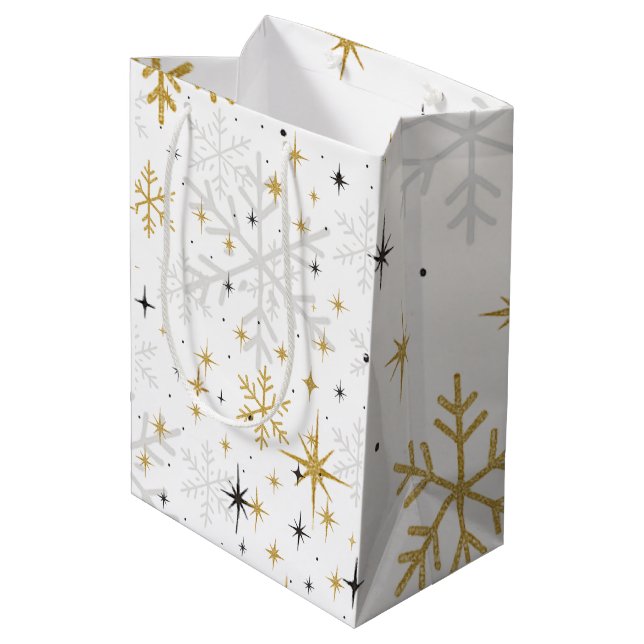 Sac Cadeau Moyen White & Gold Snowflake Sparkle Gift Bag – Elegant  (Dos Angle)