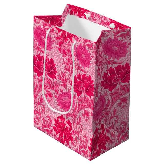 Sac Cadeau Moyen William Morris Chrysanthemums, Fuchsia Pink (Devant Angle)