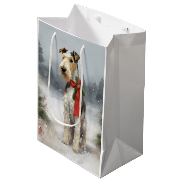 Sac Cadeau Moyen Wirefox Terrier Chien de Noël de neige (Devant Angle)