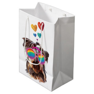 Sac Cadeau Moyen Yorkie Chien avec Coeurs Saint-Valentin