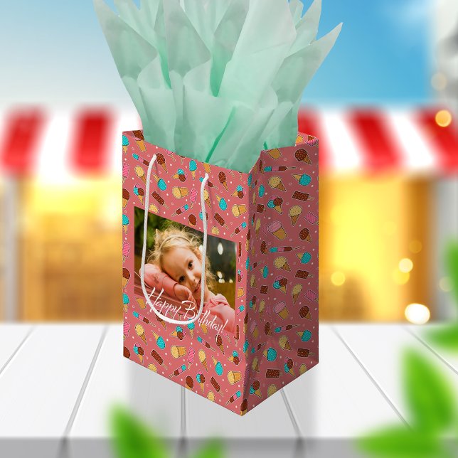 Sac Cadeau Moyen Yummy Ice Cream Photo | Rose foncé (Créateur téléchargé)