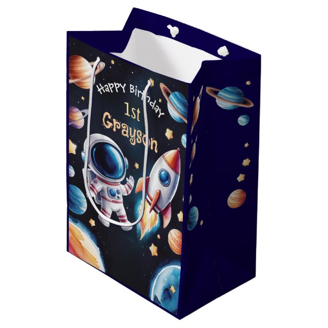 Sac cadeau personnalisé 1er anniversaire Space The (Devant Angle)
