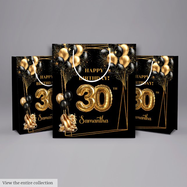 Sac cadeau personnalisé 30e anniversaire Black Gol (Personalized 30th Birthday Gift Bag Black Gold 🎉)
