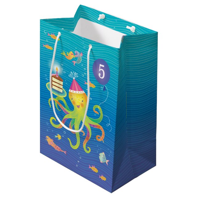 Sac cadeau personnalisé 5 bleu, turquoise et octop (Devant Angle)