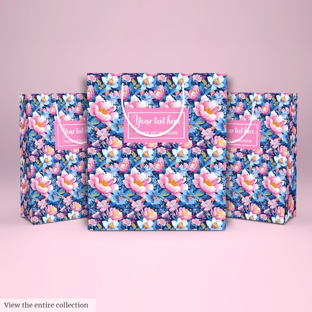 Sac cadeau personnalisé tendance bleu bébé et rose (Trendy baby blue and hot pink custom name gift bag)