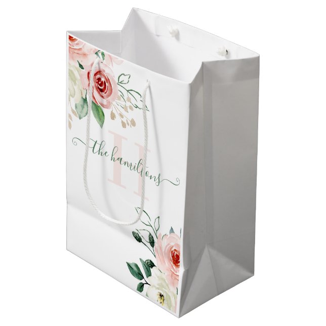 Sac cadeau photo aquarelle rose rose monogrammé (Devant Angle)