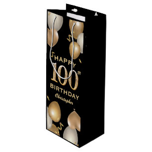 Sac Cadeau Pour Bouteille 100e fête d'anniversaire Ballons Noir et Or
