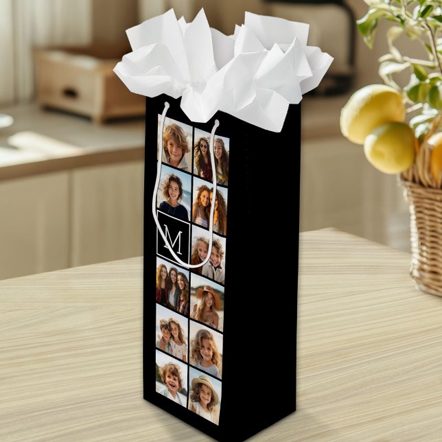 Sac Cadeau Pour Bouteille 11 Grille de Collage avec Monogramme (Custom Gift Bag with Multiple Photos)