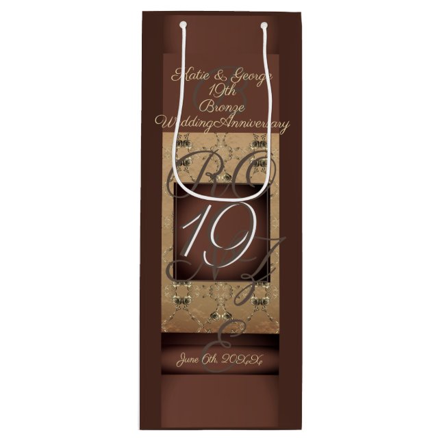 Sac Cadeau Pour Bouteille 19e anniversaire du Mariage bronze foncé (Devant)