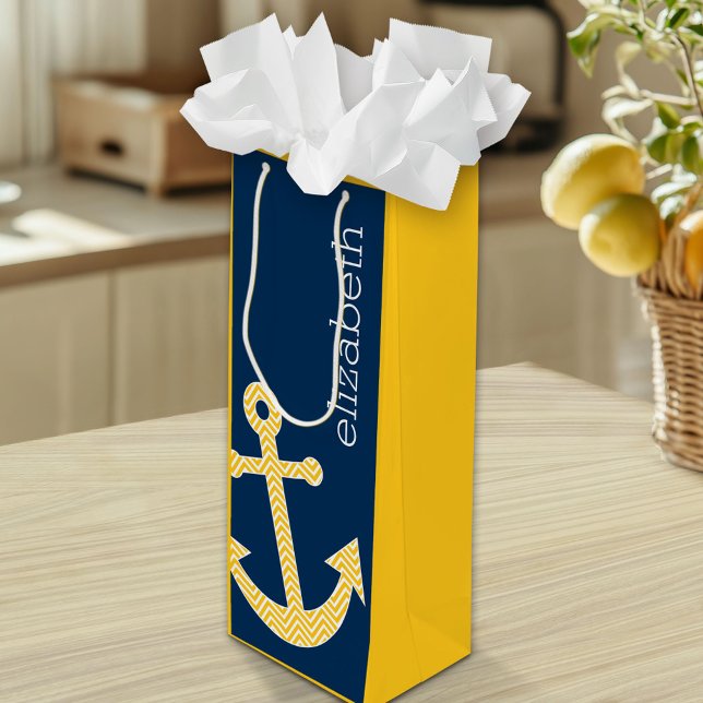 Sac Cadeau Pour Bouteille Ancre nautique avec Motif de Navy Jaune Chevron (Custom Gift Bag)