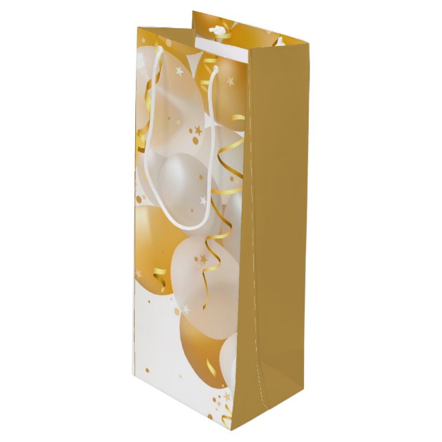 Sac Cadeau Pour Bouteille Anniversaire des Ballons d'or et de blanc (Devant Angle)