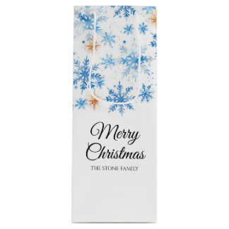 Sac Cadeau Pour Bouteille Aquarelle bleue Hiver Flocon de neige Joyeux Noël