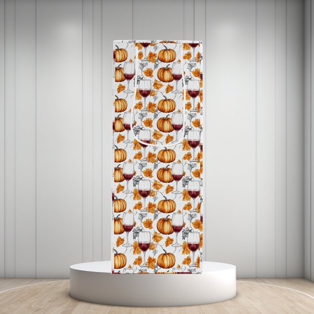 Sac Cadeau Pour Bouteille Aquarelle Citrouille et vin Automne (Créateur téléchargé)