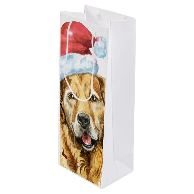 Sac Cadeau Pour Bouteille Aquarelle Golden Retriever Père Noël (Devant Angle)