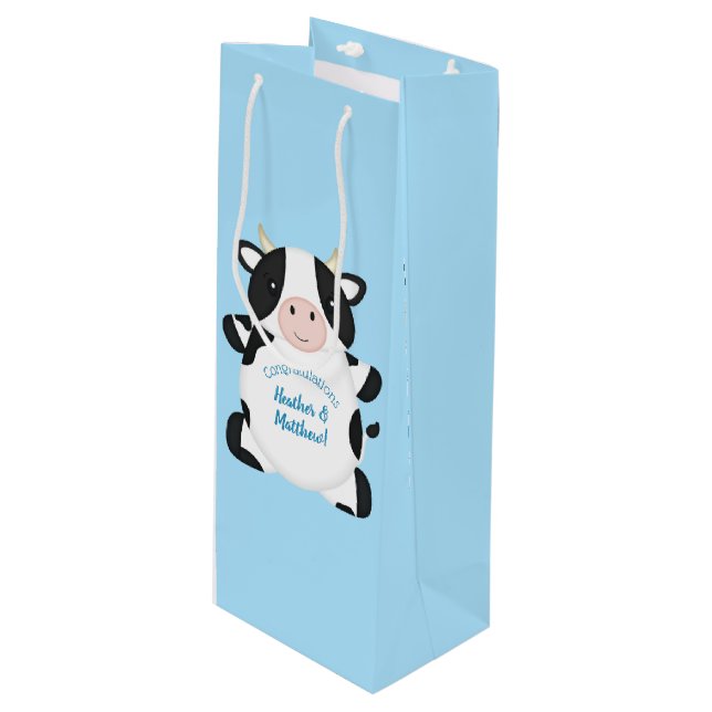 Sac Cadeau Pour Bouteille Baby shower de vache bleu (Devant Angle)