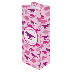 Sac Cadeau Pour Bouteille Baby shower Dinosaur rose