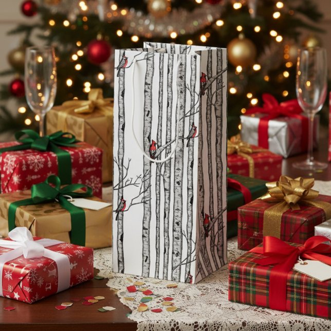 Sac Cadeau Pour Bouteille Birch Trees modernes et Red Cardinal Birds (Festive Merry Christmas Rustic Birch Trees & Red Cardinal Birds Winter Wine Gift Bag in White.)