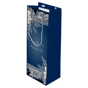 Sac Cadeau Pour Bouteille Bleu et blanc Beau Noël Floral