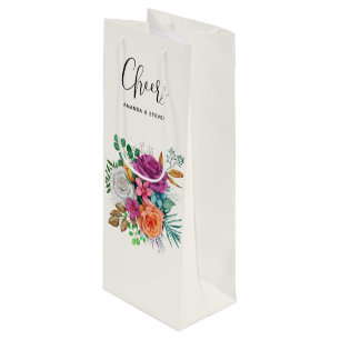 Sac Cadeau Pour Bouteille Bouquet de roses roses, orange et blanches
