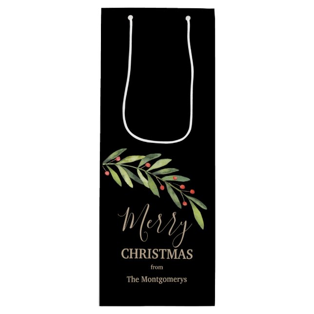 Sac Cadeau Pour Bouteille Branche et baies Joyeux Noël noir (Devant)