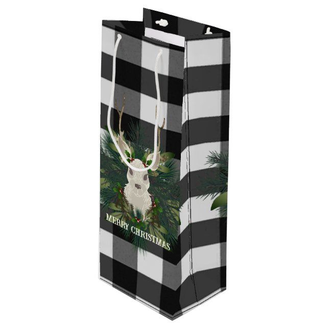Sac Cadeau Pour Bouteille Buffalo Plaid Festif Reindeer Noël (Devant Angle)