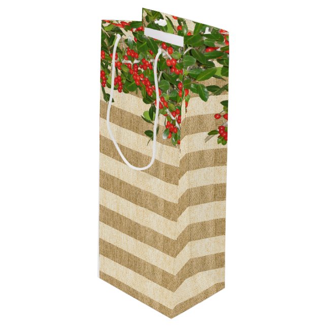 Sac Cadeau Pour Bouteille Burlap Stripes et Yaupon Holly (Devant Angle)