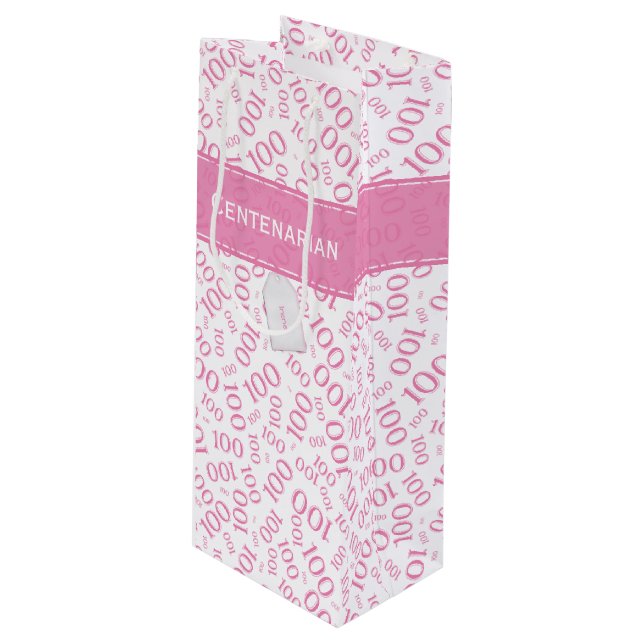 Sac Cadeau Pour Bouteille Centenarian 100th Pink Random Number Motif (Devant Angle)