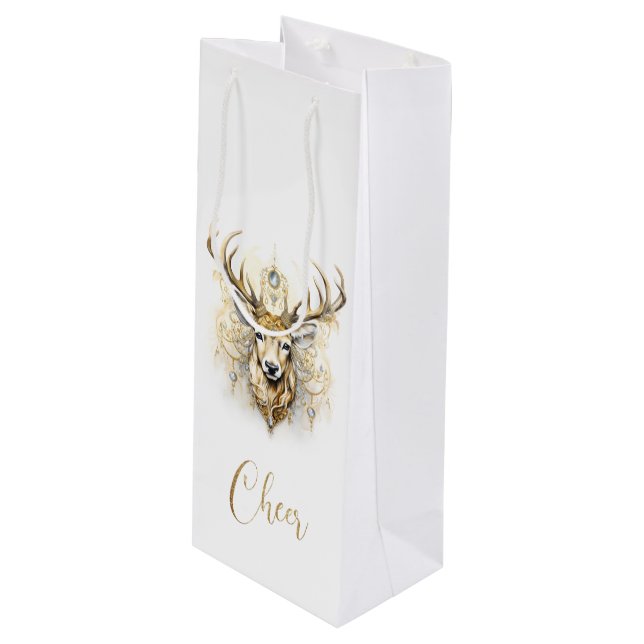 Sac Cadeau Pour Bouteille Cerf de glitterie or et diamant (Devant Angle)