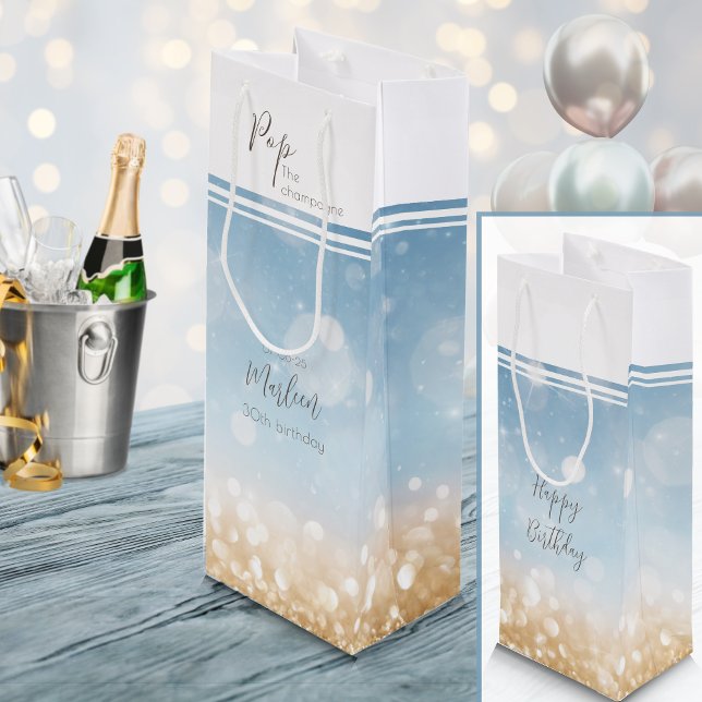 Sac Cadeau Pour Bouteille Champagne d'anniversaire bleu clair or mousseux (Champagne celebration. An elegant light gold and sparling blue bottle gift bag. Girly and glamorous)