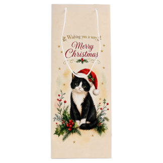 Sac Cadeau Pour Bouteille Chat de Noël en smoking avec chapeau de Père Noël