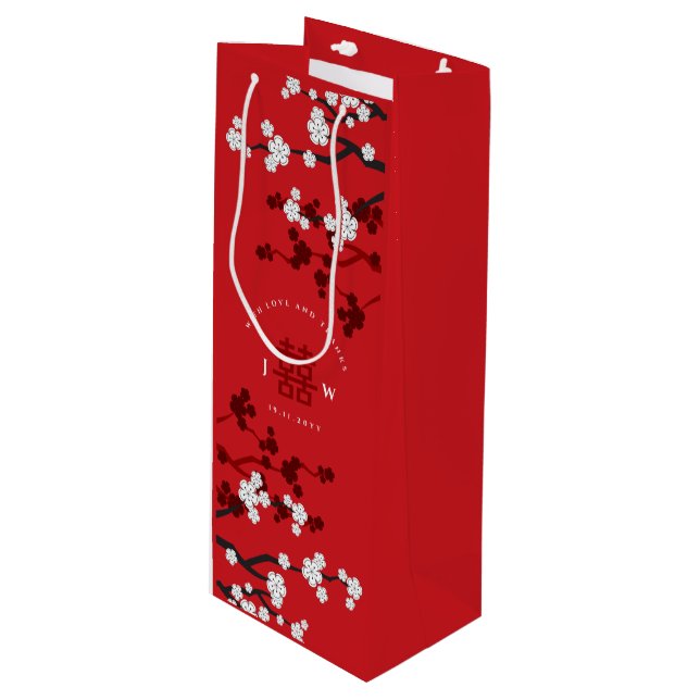 Sac Cadeau Pour Bouteille Cherry Blossoms & Double Bonheur Mariage chinois (Devant Angle)