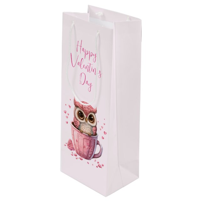 Sac Cadeau Pour Bouteille Chouette rose mignonne en coupe Saint-Valentin (Devant Angle)