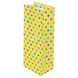 Sac Cadeau Pour Bouteille Coeurs de polka arc-en-ciel sur jaune