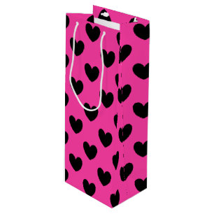 Sac Cadeau Pour Bouteille Coeurs polka noirs sur rose fuchsia