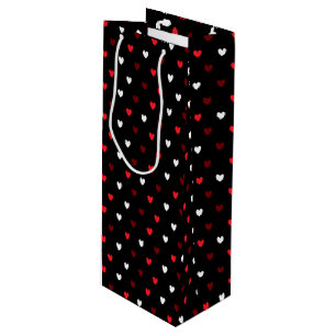 Sac Cadeau Pour Bouteille Coeurs rouge et blanc sur noir