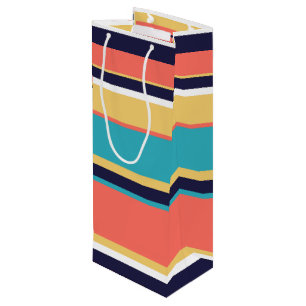 Sac Cadeau Pour Bouteille Corail vivant, rayures bleues et jaunes