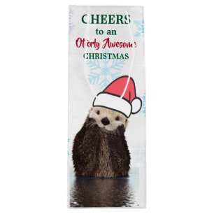 Sac Cadeau Pour Bouteille Cute Otter portant un jeu de Noël de chapeau de Pè
